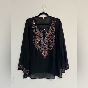 itsu Black Sheer Boho Beaded Embroidered Tunic